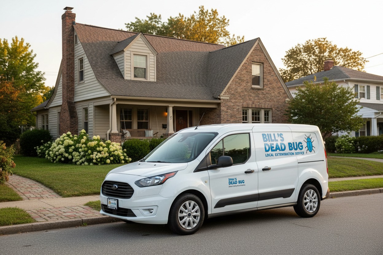A white Bill's Dead Bug extermination van is parked on a residential street in front of a brick house.