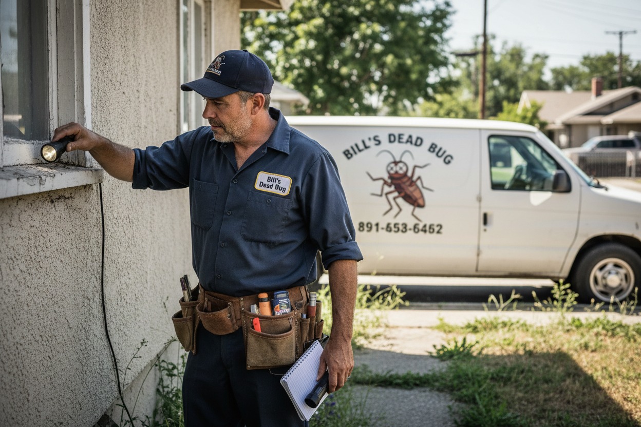 A pest control technician wearing a uniform and tool belt inspects the exterior of a house with a flashlight near a company van.