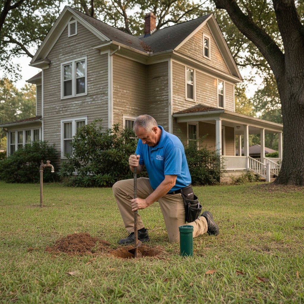 A technician in a blue polo shirt kneels on a lawn while using a manual soil auger to dig a hole in front of a two-story house.
