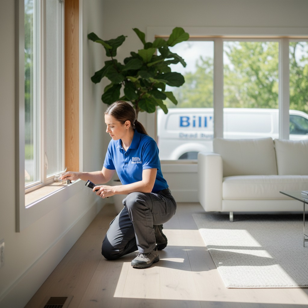 A pest control technician in a blue uniform kneels by a window to inspect the frame with a flashlight.